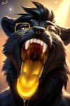 anthro black_body black_fur black_hair bodily_fluids eyewear fur glasses hair male mouth_shot open_mouth oral_vore saliva saliva_string solo tongue vore yellow_eyes yellow_tongue l649000 felid lion mammal pantherine attempted_signature hi_res