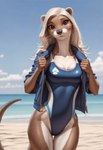 anthro beach blonde_hair brown_body brown_eyes brown_fur clothed clothing cloudy female fur hair jacket long_hair looking_at_viewer one-piece_swimsuit seaside smile solo standing swimwear topwear water wave director_crashbandit lutrine mammal mustelid hi_res novelai