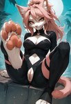 anthro anus bodysuit breasts claws cleavage clothed clothing feet female foot_focus fur genitals hair leg_up looking_at_viewer medium_breasts mouth_closed navel organs outdoors pawpads pink_eyes pink_hair ponytail pupils pussy sitting sitting_on_wall skinsuit slit_pupils smile solo stomach tight_clothing white_body white_fur ayo_keito felid feline mammal absurd_res hi_res