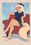 anthro bottomwear clothing crossed_legs female furniture hat headgear headwear looking_at_viewer miniskirt shirt sitting skirt sofa solo t-shirt topwear foxlover7796 mirta canid canine canis domestic_dog hunting_dog mammal saluki sighthound hi_res