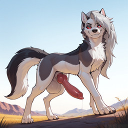 animal_genitalia animal_penis balls big_balls big_penis bodily_fluids canine_genitalia canine_penis feral fur genital_fluids genitals grey_body grey_fur grin grinning_at_viewer knot leaking_precum looking_at_viewer male multicolored_body multicolored_fur outside penis precum red_sclera sky smile solo white_body white_eyes white_fur gertgrg helluva_boss loona_(helluva_boss) canid canid_demon demon hellhound mammal hi_res