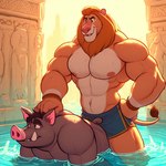 abs all_fours anthro clothing duo felid hair lion male male/male mammal muscular nipples pantherine shirtless suggestive suid suina sus_(pig) swimwear wall_(structure) water wild_boar zidanes123