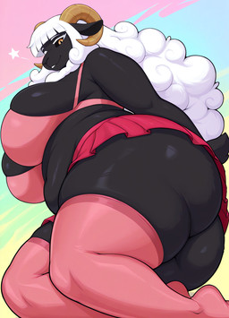 anthro big_breasts big_butt black_body black_sclera bottomwear bra breasts butt clothing ears_down eyebrows eyelashes female hair horn long_hair looking_at_viewer mature_female neck_tuft one_eye_closed overweight overweight_anthro overweight_female pink_clothing pivoted_ears skirt solo tan_eyes thick_thighs tuft underwear white_hair wide_hips wink luuklook bovid caprine mammal sheep absurd_res hi_res