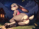 anthro anus cattorihanzo clothing female fur genitals grey_body grey_fur inviting judy_hopps lagomorph leporid looking_at_viewer looking_back looking_back_at_viewer mammal night outdoors outside pawpads purple_eyes pussy rabbit shirt solo stable_diffusion tank_top topwear zootopia