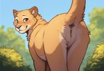 anatomically_correct anatomically_correct_genitalia anatomically_correct_pussy animal_genitalia animal_pussy anus blurred_background blush brown_eyes brown_nose butt butt_tuft clear_sky close-up ears_up feline_pussy female feral fluffy fur genitals inner_ear_fluff legs_together looking_at_viewer looking_back multicolored_body multicolored_fur orange_body orange_fur outside plant presenting presenting_anus presenting_hindquarters presenting_pussy pussy raised_tail shrub smile solo standing tan_body tan_fur tree tuft seam_(director) felid lion mammal pantherine hi_res novelai