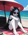 anthro beach black_hair ear_piercing eyewear female fur goth grey_eyes hair long_hair piercing sand sea seaside solo sunglasses water white_body white_fur meara mammal mouse murid murine rodent hi_res