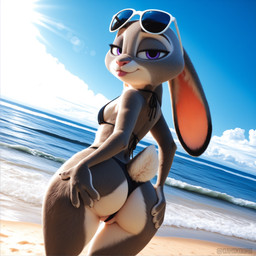 4_fingers anthro beach bedroom_eyes big_butt bikini bikini_top black_bikini black_clothing black_swimwear blep breasts butt clothed clothing cloud detailed_background ears_down eyelashes eyewear eyewear_on_head female fingers fur genitals grey_body grey_fur half-closed_eyes hand_on_butt hand_on_own_butt holding_butt long_ears looking_at_viewer looking_back looking_back_at_viewer multicolored_body multicolored_ears multicolored_fur narrowed_eyes outside pink_nose pivoted_ears presenting presenting_hindquarters purple_eyes pussy pussy_floss rear_view sand sea seaside seductive short_tail side_boob skimpy sky smile solo standing string_bikini sunglasses sunglasses_on_head swimwear tail tongue tongue_out two_tone_body water white_body white_fur dahskoorb disney zootopia judy_hopps lagomorph leporid mammal rabbit hi_res portrait three-quarter_portrait