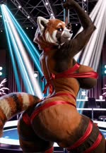 anthro back breasts butt clothing female fur looking_at_viewer orange_body orange_fur red_clothing solo standing iloveaeromorph_(director) mammal procyonid raccoon animated hi_res webm