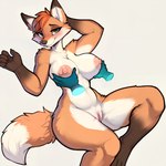 anotherarcticfox anthro blush breasts canid canine dipstick_tail disembodied_hand female fox genitals hi_res looking_at_viewer mammal markings nipples pussy simple_background solo tail_markings