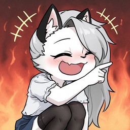 abstract_background blush clothed clothing eyes_closed hair laughing open_mouth pointing_to_side silver_hair smile chlb helluva_boss loona_(helluva_boss) hi_res meme