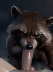 absurd_res anthro balls black_nose breath brown_body brown_eyes brown_fur bulge duo faceless_character faceless_human first_person_view fur genitals glistening glistening_genitalia hi_res human looking_at_viewer male male/male mammal nude oral oral_penetration penetration penile penis penis_in_mouth procyonid raccoon rocket_raccoon seductive sex shuffur simple_background steam tan_body tan_fur tongue tongue_out whiskers