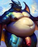 9:11 absurd_res anthro balls belly big_belly blue_body bodily_fluids cloud colorful countershading detailed digital_media_(artwork) dragon erection foreskin gem_(director) genital_fluids genitals hi_res horn humanoid_genitalia humanoid_penis looking_at_viewer male moobs musclegut muscular muscular_anthro muscular_male navel nipples nude outside overweight overweight_anthro overweight_male pecs penis precum sky solo vein veiny_penis wings yiffye18