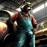 anthro bulge car clothing eyewear eyewear_on_head goggles goggles_on_head hi_res machine male mammal overalls procyonid pup_tobey raccoon rocket_raccoon smile smiling_at_viewer solo vehicle