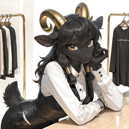 accessory anthro arm_support black_body black_fur black_hair clothing dress_shirt female fur hair hair_accessory hair_ring horn leaning leaning_forward leaning_on_elbow looking_at_viewer shirt smile solo store topwear vest yellow_eyes yellow_horn wickerbasket bovid caprine goat mammal hi_res