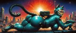 anthro big_breasts big_butt blue_clothing blue_eyes breasts butt clothing curvy_figure fangs female fur furgonomics happy looking_at_viewer lying on_front science_fiction skintight_clothing slightly_chubby solo space spacesuit thick_thighs yellow_body yellow_fur slingsting felid feline khajiit lynx mammal hi_res