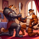 abs anthro armor bottomwear clothing duo felid inside kneeling loincloth male male/male mammal melee_weapon muscular painting pantherine shirtless sword tiger weapon window zidanes123