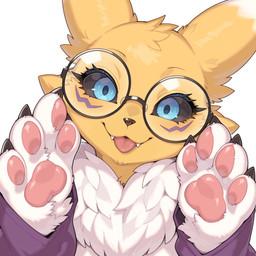 anthro black-framed_eyewear black_sclera blue_eyes close-up clothing director_bajac eyewear facial_markings fangs female front_view fur glasses gloves handwear head_markings head_tilt looking_at_viewer markings neck_tuft palms pawpad purple_clothing purple_gloves purple_handwear raised_hand simple_background smile snout solo teeth tongue tongue_out tuft white_background white_body white_fur yellow_body yellow_fur bandai_namco digimon canid canine digimon_(species) fox mammal renamon absurd_res hi_res