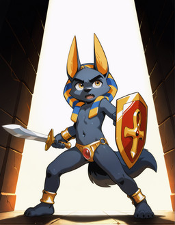anklet anthro black_body black_fur bracelet clothing egyptian_clothing egyptian_headdress fluffy fluffy_tail fur jewelry male melee_weapon navel shield solo sword weapon yellow_eyes young_anthro young_male destructiveforce_(director) anubis_and_the_buried_bone anubis anubian_jackal canid canine canis deity jackal mammal absurd_res hi_res