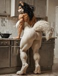 anthro anthro_female back_muscles big_breasts black_hair breasts butt digitigrade female fur hair human_to_anthro inside kitchen looking_at_viewer looking_back looking_back_at_viewer muscular muscular_female muscular_legs nipples rear_view solo species_transformation standing thick_thighs transformation white_body white_fur hi_res