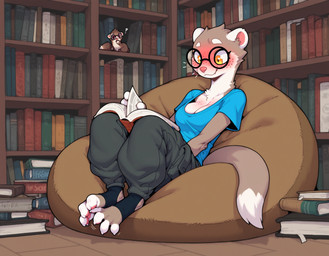 4_toes barefoot bean_bag blue_clothing blue_topwear blush book bookshelf bottomwear breasts brown_body brown_fur claws cleavage clothed clothing countershading detailed_background dipstick_tail duo exclamation_point eyewear feet female footwear freckles fur furniture glasses holding_book holding_object inside library male markings pants pawpads paws pink_nose pink_pawpads reading reading_book round_glasses shirt sitting smile socks solo_focus tail tail_markings toe_claws toeless_footwear toes topwear tuft white_body white_fur yellow_eyes anotheranon domestic_ferret mammal mustela mustelid musteline stoat true_musteline hi_res