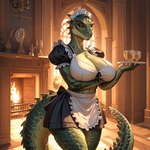 anthro big_breasts breasts clothing female green_body green_scales horn looking_at_viewer muscular non-mammal_breasts scales seductive smile solo thick_thighs zoc lusty_argonian_maid argonian scalie