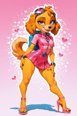 3_toes abstract_background anthro backpack bottomwear breasts claws clothed clothing eyelashes eyewear eyewear_on_head feet female flight_suit floppy_ears fluffy fluffy_tail footwear front_view fur glistening glistening_clothing glistening_eyes goggles goggles_on_head hand_on_leg hand_on_thigh heart_symbol high_heeled_sandals high_heels light long_eyelashes looking_at_viewer miniskirt multicolored_body pink_background pink_clothing pinup plantigrade platform_footwear platform_heels pose purple_eyes sandals shadow simple_background skimpy skirt slim slim_female small_breasts smile solo standing tan_body tan_fur teeth toe_claws toes tongue toony two_tone_body yellow_body yellow_fur merl paw_patrol skye_(paw_patrol) canid canine canis domestic_dog mammal mixed_breed full-length_portrait hi_res lighting portrait