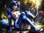 anthro anus blue_body blue_eyes blue_fur breasts butt canid canine feet female fluffy fluffy_tail foot_focus fox fur genitals hi_res jewelry jungle krystal looking_at_viewer mammal mercrantos nipples outside plant presenting presenting_pussy pussy smile solo tattoo tree waterfall