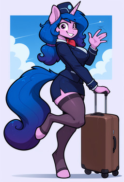 anthro bottomwear breasts clothing eyelashes female flight_attendant fur gesture horn legwear on_one_leg pencil_skirt purple_body purple_eyes purple_fur skirt smile smiling_at_viewer solo standing suitcase tail waving thefuncave my_little_pony izzy_moonbow_(mlp) equid equine mammal unicorn hi_res