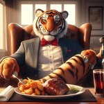 anthro black_stripes black_tie_(suit) bowtie building chair clothing dress_shirt food formal_clothing fur furniture house male markings on_chair orange_body orange_eyes orange_fur painting painting_(object) plate shirt sitting sitting_on_chair solo striped_body striped_fur striped_markings striped_tail stripes suit tail_markings topwear waiting nikkolaus felid mammal pantherine tiger