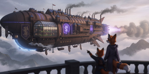 aircraft airship anthro balcony cloud detailed_background duo fantasy floating gesture industrial magic medieval mountain pointing railing runes smoke steam young terraraptor world_of_midria canid canine fox mammal red_fox director_name hi_res