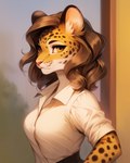 amber_eyes anthro blouse breasts brown_hair clothing female fur hair looking_at_viewer pink_nose side_view solo spots topwear wavy_hair white_body white_fur yellow_body yellow_fur sappy_(director) felid feline leopard mammal pantherine absurd_res hi_res