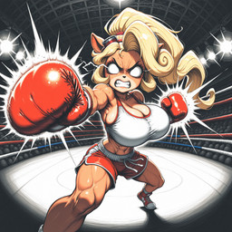 abs angry anthro blonde_hair boxing_gloves breasts cleavage clothed clothing female fighting_pose fighting_ring footwear hair handwear long_hair muscular muscular_anthro muscular_female no_pupils pose solo anonymous_director activision crash_bandicoot_(series) coco_bandicoot mammal marsupial
