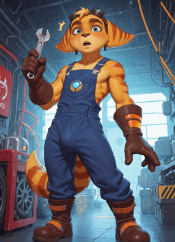 anthro boots brown_stripes bulge clothed clothing engine footwear fur gloves handwear hat headgear headwear holding_object holding_tool inside looking_at_viewer male markings open_mouth overalls solo standing striped_body striped_markings striped_tail stripes surprise tail_markings tools wide_eyed window window_light workshop wrench yellow_body yellow_fur ratori ratchet_and_clank ratchet lombax mammal hi_res