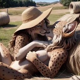 anthro breasts claws clothing duo ear_tuft exposed_breasts eyes_closed farm farm_girl featureless_crotch female female/female fur green_eyes hair hat hay hay_bale headgear headwear kissing licking licking_lips love markings neck_fluffy nipples nude photorealism pink_nipples pink_nose romantic smile spots spotted_body spotted_fur spotted_markings tongue tongue_out tuft whisker_spots whiskers white_body white_fur silverlynx sounds_like_thunder felid feline lynx mammal animated webm
