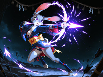3_toes 4_fingers action_pose angry arrow_(weapon) asian_clothing bow_(weapon) breasts cleavage clothed clothing detailed_background dipstick_ears ear_markings east_asian_clothing electricity facial_markings feet female fingers footwear fur grey_body grey_fur head_markings holding_object holding_weapon japanese_clothing legwear lightning markings multicolored_body multicolored_ears multicolored_fur night open_mouth outside panties pink_nose pose purple_eyes quiver_(object) ranged_weapon shooting socks solo tail teeth toeless_footwear toeless_legwear toes two_tone_body two_tone_fur underwear upskirt weapon white_body white_fur alucard_(director) lagomorph leporid mammal rabbit hi_res