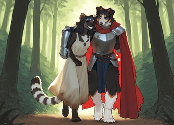 anthro arm_around_shoulders armor blue_eyes cape clothing dirty_clothing disability dress duo female folded_ears forest forest_path fur gauntlets gloves handwear knight male medieval medieval_armor missing_arm multicolored_body multicolored_fur plant smile stain tree warrior cerinil border_collie canid canine canis collie domestic_dog herding_dog lemur mammal pastoral_dog primate sheepdog strepsirrhine hi_res