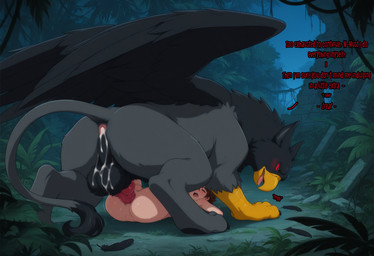 anal anal_penetration animal_genitalia animal_penis anus backsack balls beak bestiality big_balls big_dom_small_sub big_penis black_balls black_body black_feathers black_fur blush bodily_fluids brown_hair butt cum cum_in_ass cum_inside detailed_background dialogue dominant dominant_feral dominant_male dripping duo erection feathered_wings feathers feet female feral feral_penetrating feral_penetrating_human feral_penetrating_male forest from_front_position fur genital_fluids genitals grey_body hair human_on_feral human_penetrated interspecies jungle knot larger_feral larger_male leaking_cum looking_pleasured lying male male/male male_on_feral male_on_human male_penetrated male_penetrating male_penetrating_human male_penetrating_male mating_press mythology night nude on_back open_mouth outside penetration penile penile_penetration penile_spines penis penis_in_ass perineum plant red_eyes red_penis red_sclera sex size_difference smaller_female smaller_human smaller_penetrated submissive submissive_human tail tail_tuft talking_feral text tongue tree tuft versatile wings tempting_(director) avian gryphon human mammal mythological_avian mythological_creature english_text hi_res