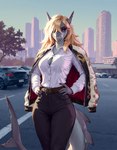 Rating: s
ID: 107884
Date: 2025-05-26 05:10:27 -0400
Status: active
Score: 17
anthro asymmetrical_bangs black_bottomwear black_clothing black_pants blonde_hair bottomwear breasts brown_belt car cleavage clothed clothing collared_shirt dress_pants dress_shirt ear_piercing eyebrows female fin fish grey_body grey_skin gshepanon hair hair_over_one_eye hands_on_hips hi_res jacket jacket_on_shoulders jess_(gshepanon) lidded_eyes looking_away marine notched_ear notched_fin pants piercing plant power_line raised_eyebrow red_eyes shark shark_tail sharp_teeth shirt skyscraper solo standing sukajan teeth topwear tree vehicle white_clothing white_shirt white_topwear post #107884