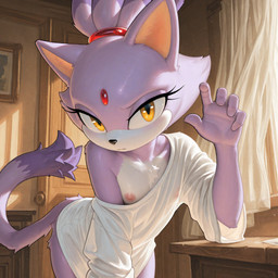 anthro baggy_clothing clothing eyelashes female flat_chested fur inside looking_at_viewer nipple_outline nipples purple_body purple_fur shirt solo tail topwear yellow_eyes zaddha sega sonic_the_hedgehog_(series) blaze_the_cat domestic_cat felid feline felis mammal hi_res