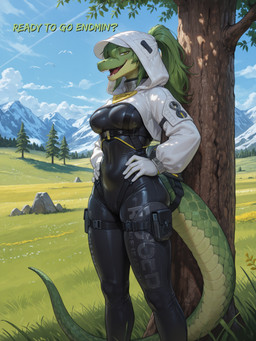 anthro bodysuit breasts clothing female grass grassland green_body green_hair green_scales hair hoodie plant ponytail scales skindentation skinsuit small_breasts solo standing tight_clothing topwear tree yellow_eyes thygap crocodilian reptile scalie hi_res