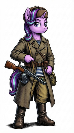 anthro bag belt belt_buckle boots bottomwear clothing coat collar drum_magazine female footwear fur gun hair hands hat headgear headwear horn mane multicolored_hair multicolored_mane multicolored_tail nano_banana nano_banana_pro pants pattern_clothing pattern_shirt pattern_topwear pink_body pink_fur ppsh-41 purple_hair purple_mane purple_tail ranged_weapon rifle rifle_strap shirt simple_background solo striped_clothing striped_shirt striped_topwear stripes tail teal_hair teal_mane teal_tail topwear trenchcoat unicorn_horn ushanka weapon white_background greaterfurrymaster friendship_is_magic my_little_pony starlight_glimmer_(mlp) equid equine mammal unicorn hi_res