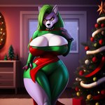 angry angry_eyebrows anthro big_breasts big_butt breasts butt canid canine canis christmas christmas_clothing christmas_tree clothing female fur green_hair hair huge_breasts mammal plant purple_body purple_fur roxanne_wolf_(fnaf) smolcory solo thick_thighs tree wolf yellow_eyes