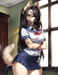 anthro canid canine clothing eyewear female glasses hair hi_res looking_at_viewer mammal school_uniform seductive smile solo traialas uniform