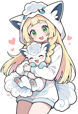 ambiguous_gender blonde_hair blush blush_lines braided_hair clothing duo eyebrows eyelashes eyes_closed fangs female feral fur green_eyes hair heart_symbol hoodie looking_at_viewer multi_tail open_mouth paws simple_background tail teeth tongue topwear white_body white_fur young_female kaigamiaikemono nintendo pokemon lillie_(pokémon) alolan_form alolan_vulpix canid canine human mammal pokemon_(species) regional_form_(pokemon) 2025 hi_res