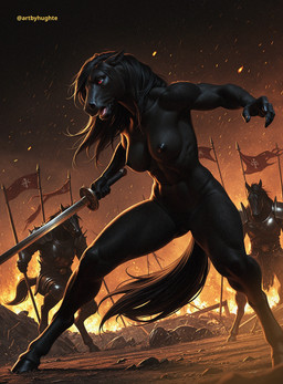 action_pose anthro armor battle black_body black_hair black_nipples destruction detailed_background detailed_fur digitigrade dirt dramatic_lighting ears_back embers female film_grain fire flag flowing_hair group hair holding_object holding_sword holding_weapon hooves large_breasts melee_weapon muscular nipples nude nude_female open_mouth pivoted_ears pose realistic red_eyes silhouette solo_focus sword tail weapon yelling hughte background_character equid equine horse mammal absurd_res detailed hi_res