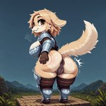 animal_genitalia animal_pussy anthro armor atlyss_(game) big_breasts bottomless breastplate breasts butt_slap canine_pussy clothed clothing female fur genitals greaves low_poly pussy rear_view short_stack slap solo tan_body tan_fur big_lasagna441 canid canine mammal digital_media_(artwork) hi_res pixel_(artwork)