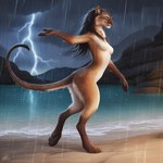 anthro beach brown_body brown_fur brown_hair digitigrade eyes_closed female fur hair light mountains night nude raining seaside smile solo storm storm_clouds tasteful_nudity walking water wet wet_body wet_fur director_crashbandit felid mammal pantherine lighting novelai