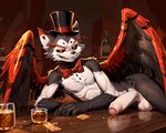 anthro balls bar beverage bottle bow_tie clothing fluffy_chest furniture genitals hat hazbin_hotel headgear headwear heart_(marking) lying_on_side male on_table penis solo table top_hat wings styx343 husk_(hazbin_hotel) felid hybrid mammal hi_res