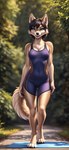 anthro blue_eyes clothing exercise female fur hair looking_at_viewer one-piece_swimsuit smile solo swimwear workout vargrklaw evelyn_(vargrklaw) canid canine canis mammal wolf absurd_res hi_res