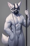 abs abs_muscles anthro back_muscles ears_up fur gas_mask growth hair huge_thighs inner_ear_fluff male mask muscle_growth musclegut muscular muscular_anthro muscular_arms muscular_legs muscular_male muscular_thighs pole solo tail_tuft thick_thighs tuft white_body white_fur white_hair mattjack799 drk_(changed) canid canine canis humanoid mammal wolf 4k